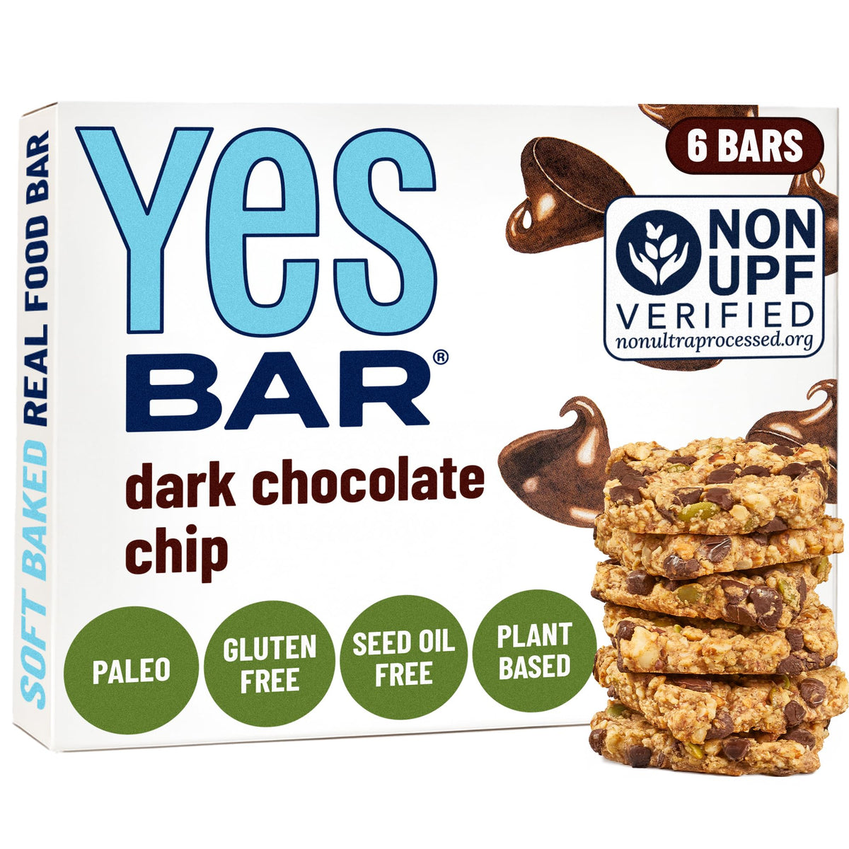The YES Bar dark chocolate chip shows a soft chewy bite, ideal for a quick snack and flavor trade-off.