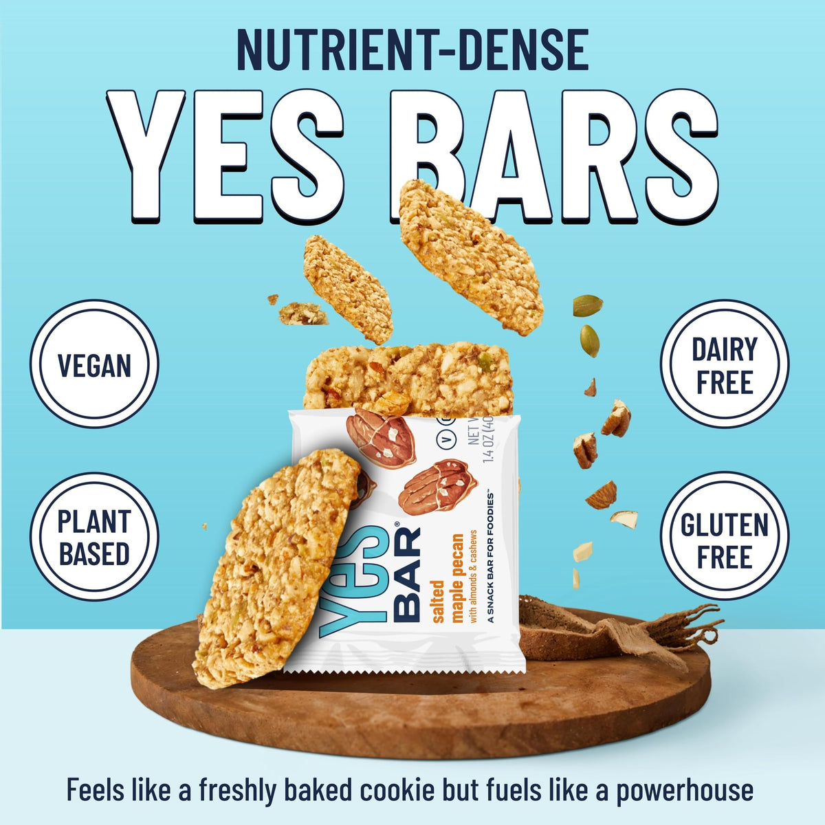 YES Nut Bars Salted Maple Pecan offer a soft chewy texture for easy snacking.