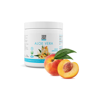 Yes You Can Aloe Vera powder canister with peach lemonade flavor for hydration on the go.