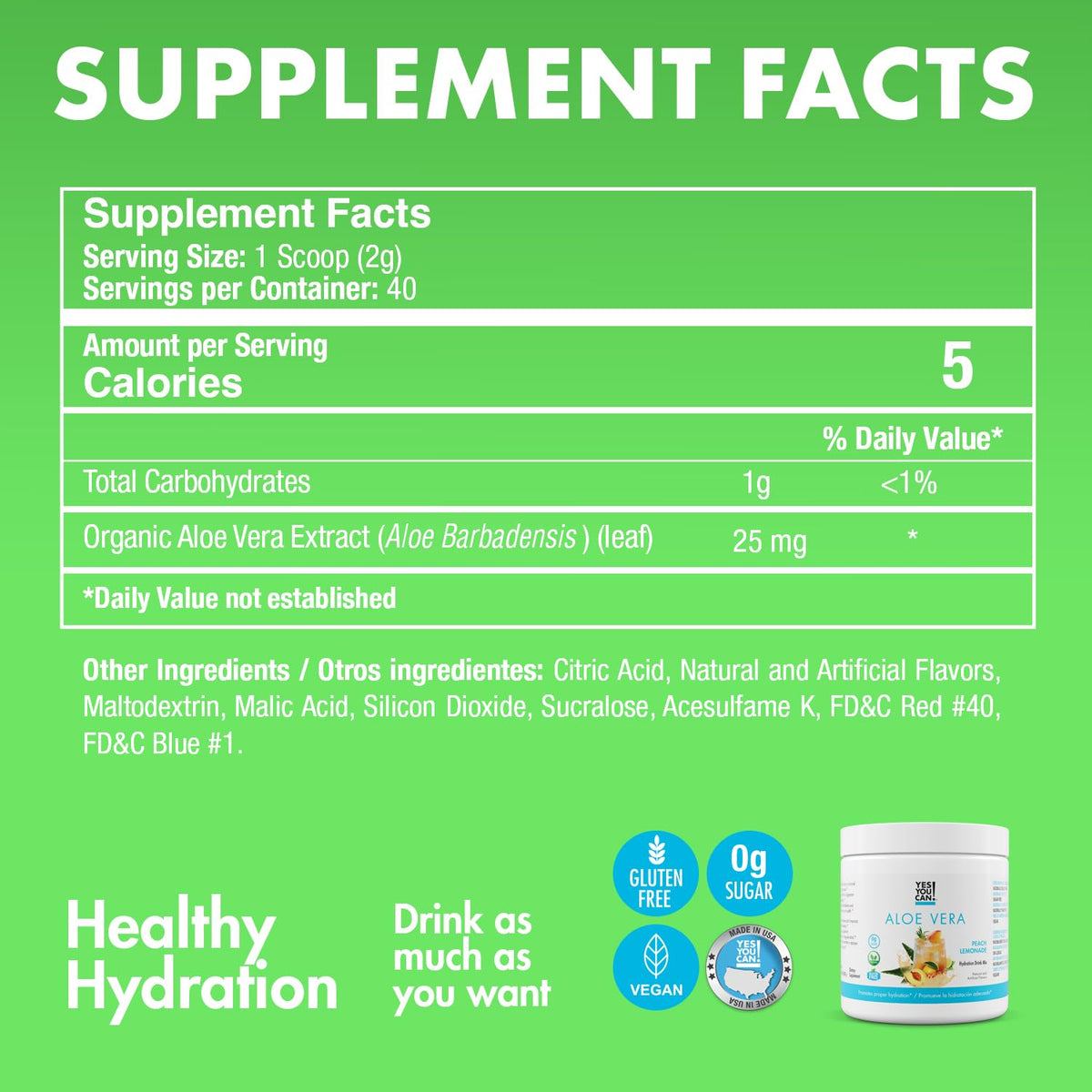 Yes You Can Aloe Vera powder enhances smoothies with peach lemonade flavor.