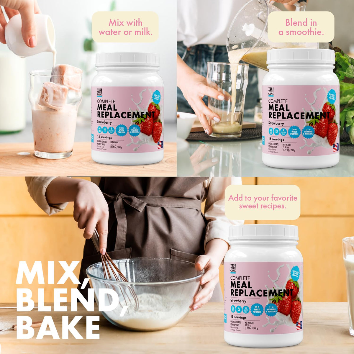Yes You Can! Complete Meal nutrition label emphasizes 20g protein and 22 vitamins.