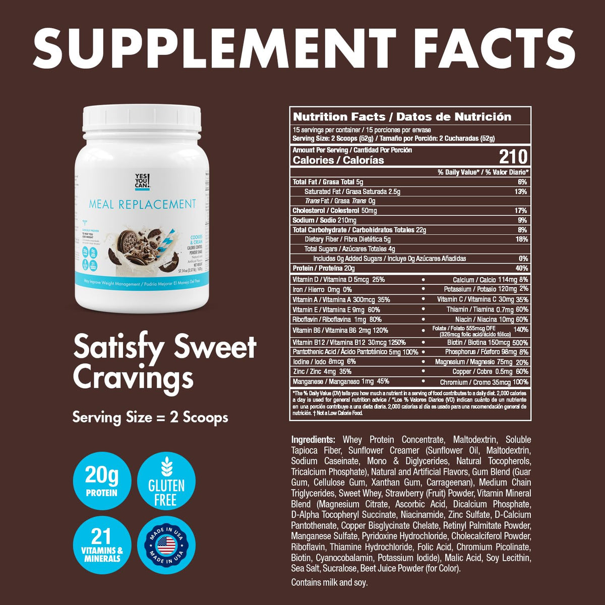 Yes You Can! Chocolate powder scoop demonstrates versatile shake mix for tasty, protein-rich meals.