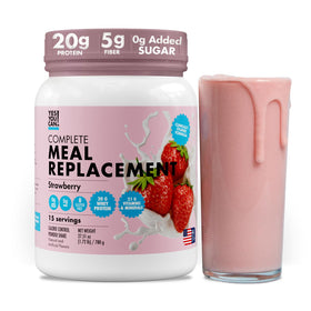 Yes You Can! Strawberry meal replacement shake tub shows convenient all-in-one nutrition.