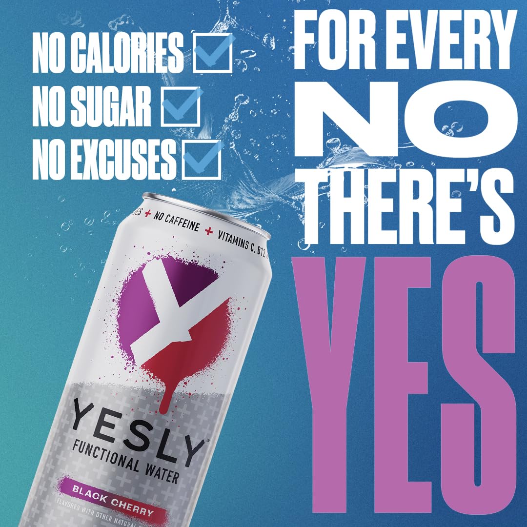 Yesly caffeine-free still water scene shows non-carbonated refreshment.