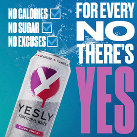 Yesly caffeine-free still water scene shows non-carbonated refreshment.
