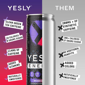 Yesly Energy Drink Mixed Berry glass with ice highlights chill-ready hydration and berry notes.