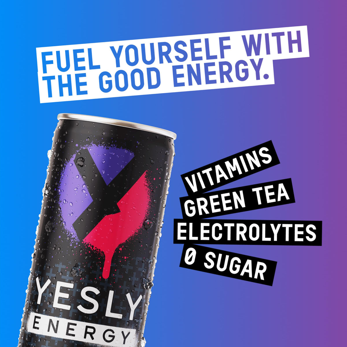 Yesly Energy Drink label closeup shows electrolytes and vitamins on the can.