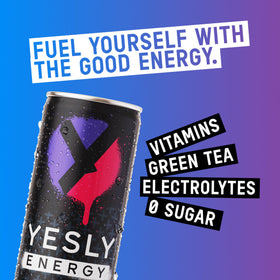 Yesly Energy Drink label closeup shows electrolytes and vitamins on the can.