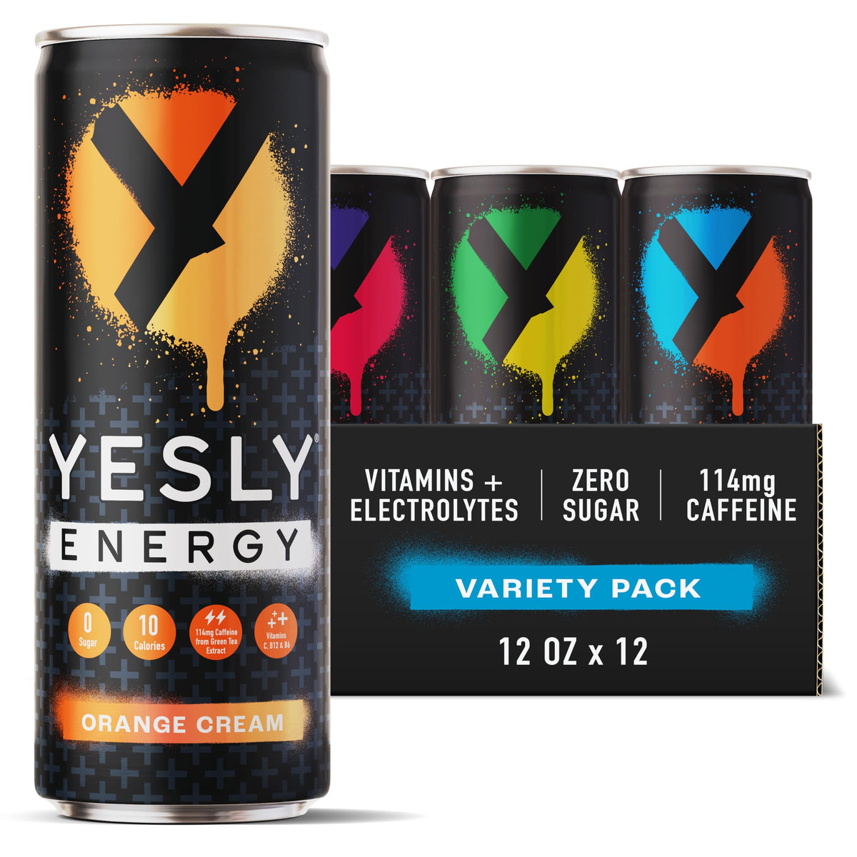 Yesly Energy Drink variety-pack cans show flavors for sustained energy on the go