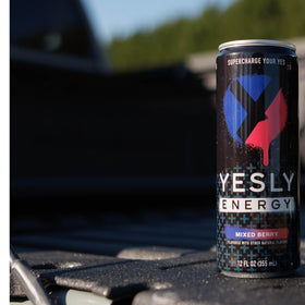 Yesly Energy Drink zero-sugar badge on can signals a sugar-free option.