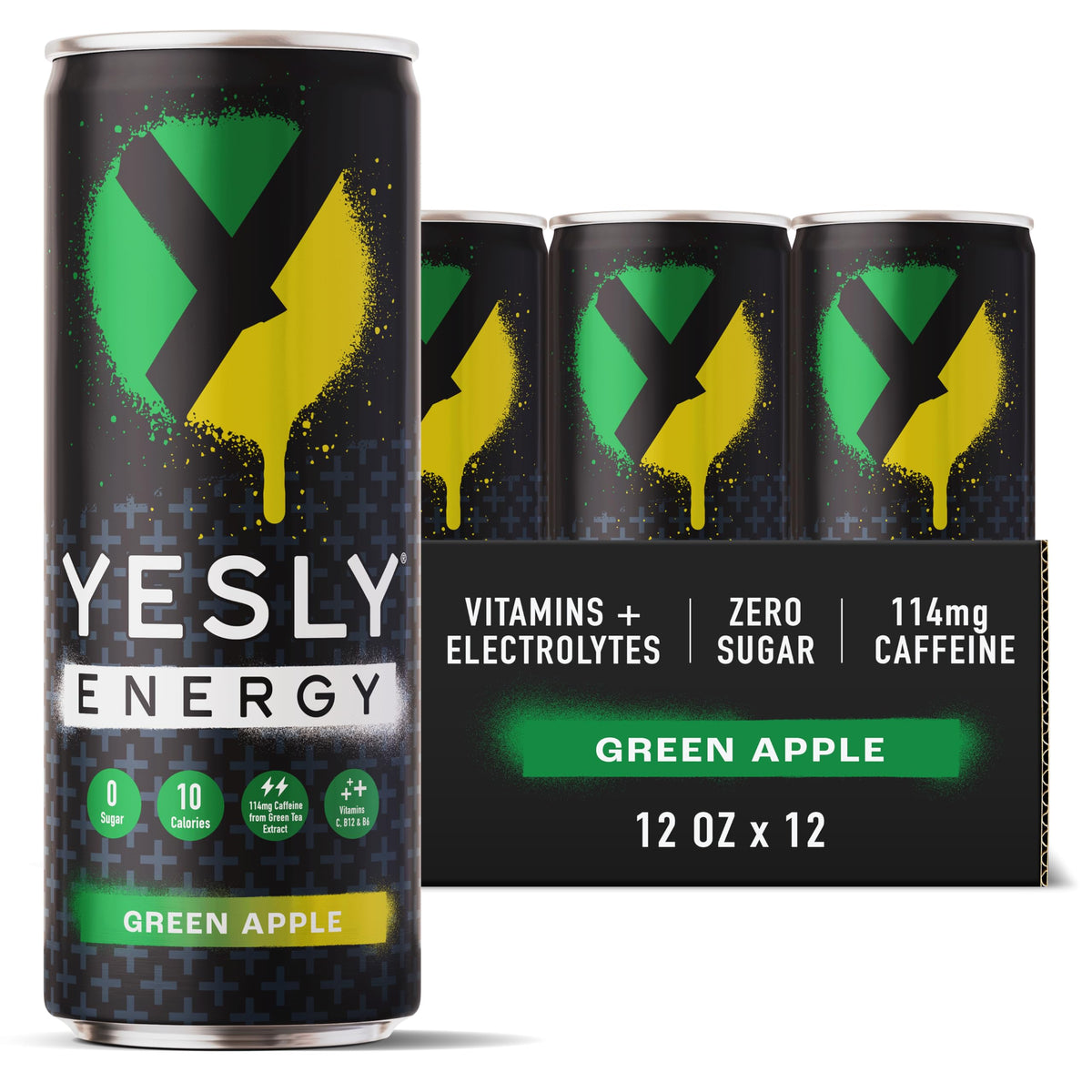 Yesly Energy Green Apple bottle front view showing natural flavors for a refreshing pick-me-up.