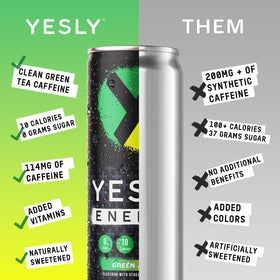 Yesly Energy Green Apple can with label visible highlighting zero sugar and clean energy.