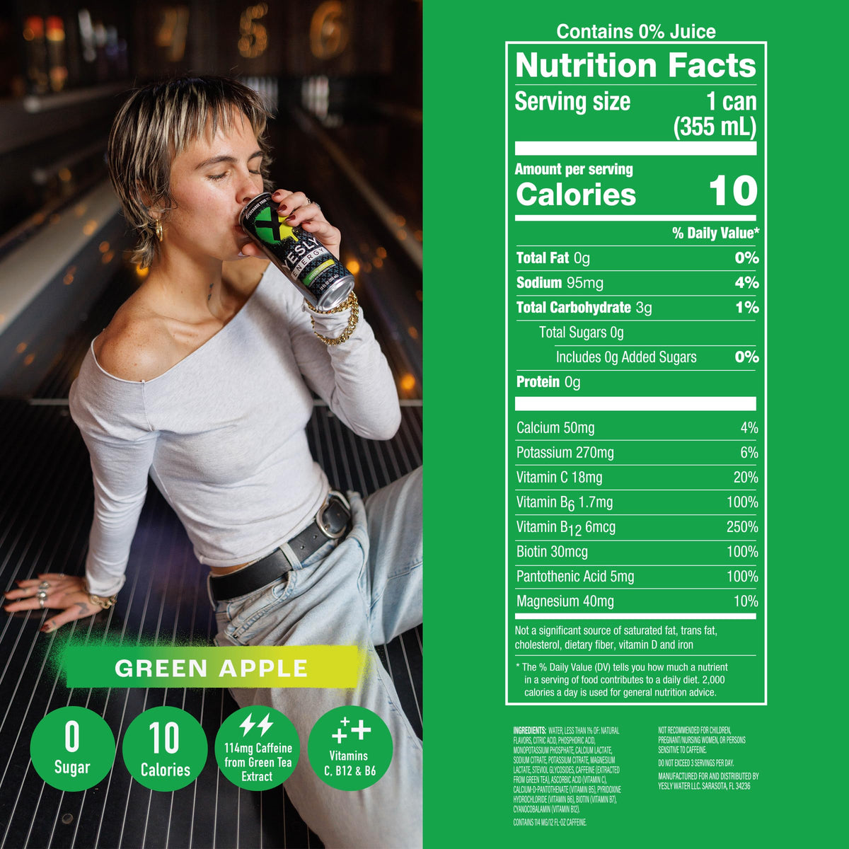 Yesly Energy Green Apple ingredients label close-up showing natural flavors and electrolytes.