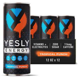 Yesly Energy Tropical Punch can front view, crisp lift with zero sugar beverage