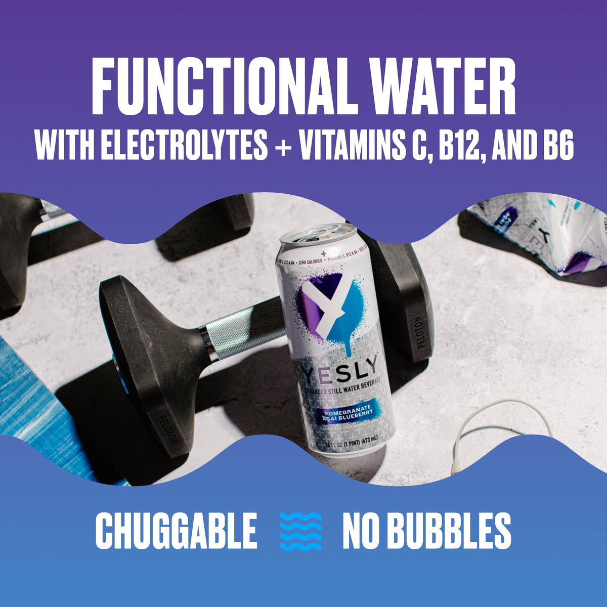 Yesly Functional Water being poured into a glass showcases smooth, non-carbonated refreshment.