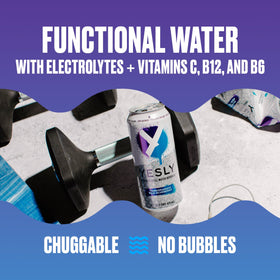 Yesly Functional Water being poured into a glass showcases smooth, non-carbonated refreshment.