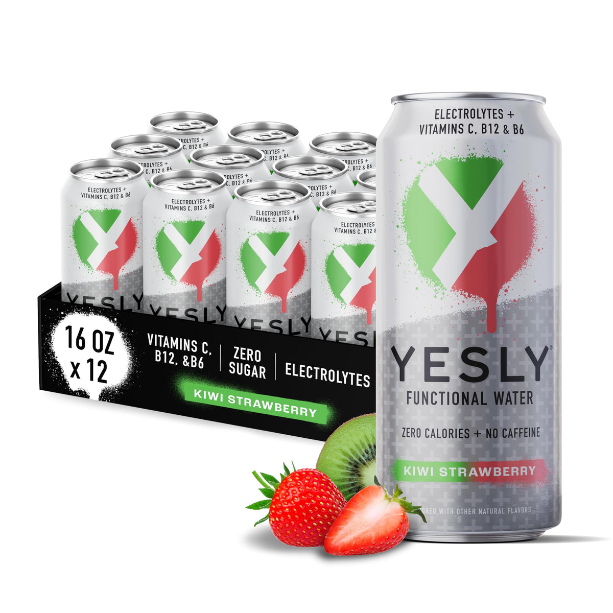 Yesly Kiwi Strawberry functional water can closeup for refreshing zero-sugar hydration on the go.
