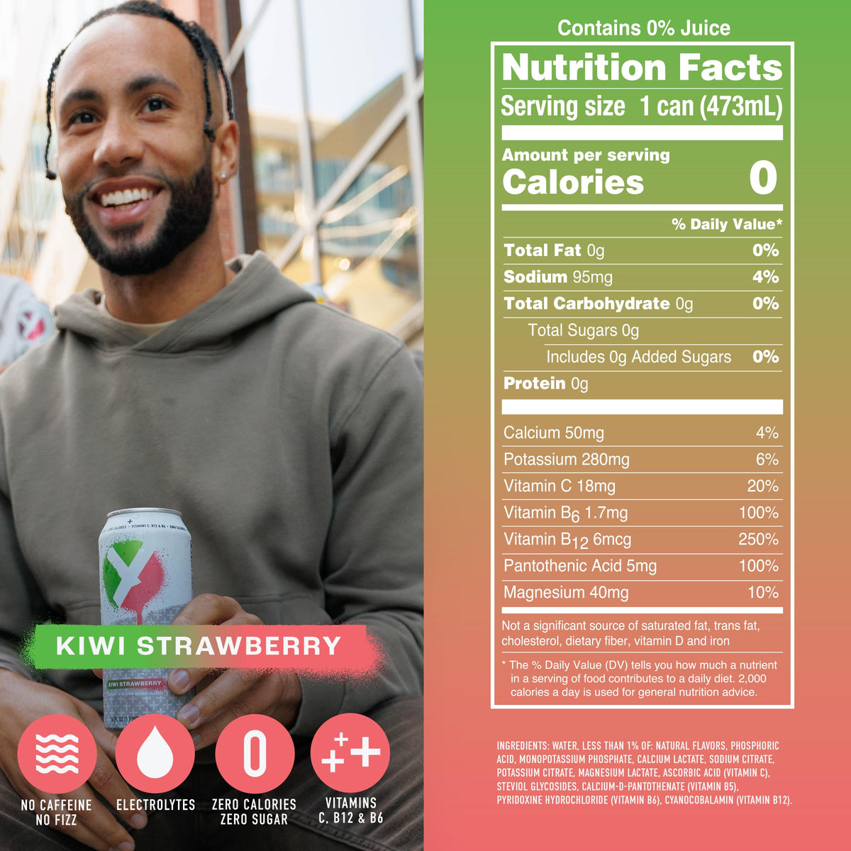 Yesly Kiwi Strawberry 12-pack on shelf indicating convenient zero sugar refreshment.