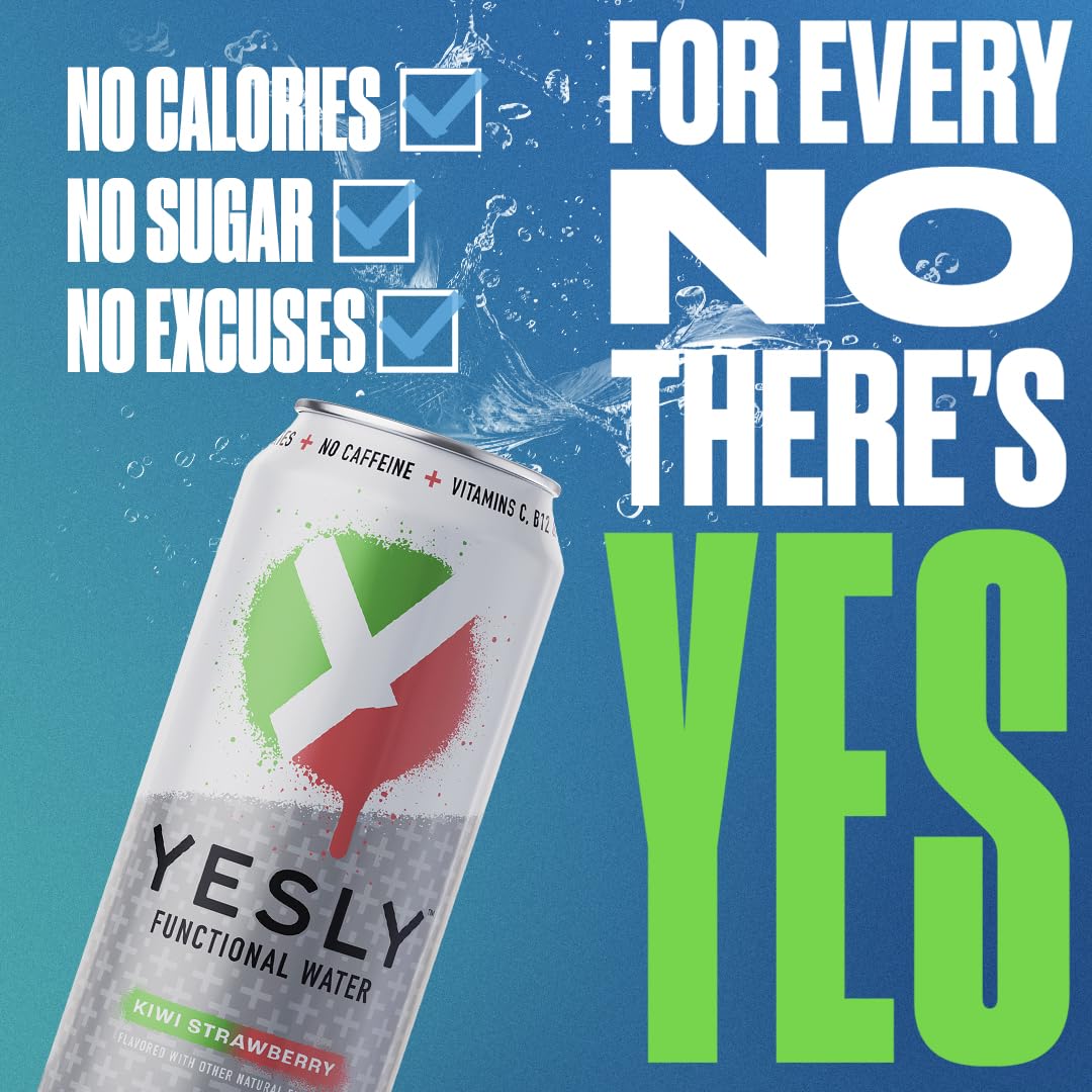 Yesly Kiwi Strawberry on store shelf communicates a caffeine-free still hydration option.