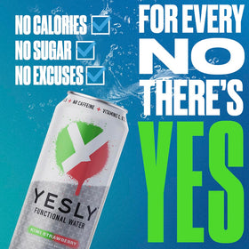 Yesly Kiwi Strawberry on store shelf communicates a caffeine-free still hydration option.