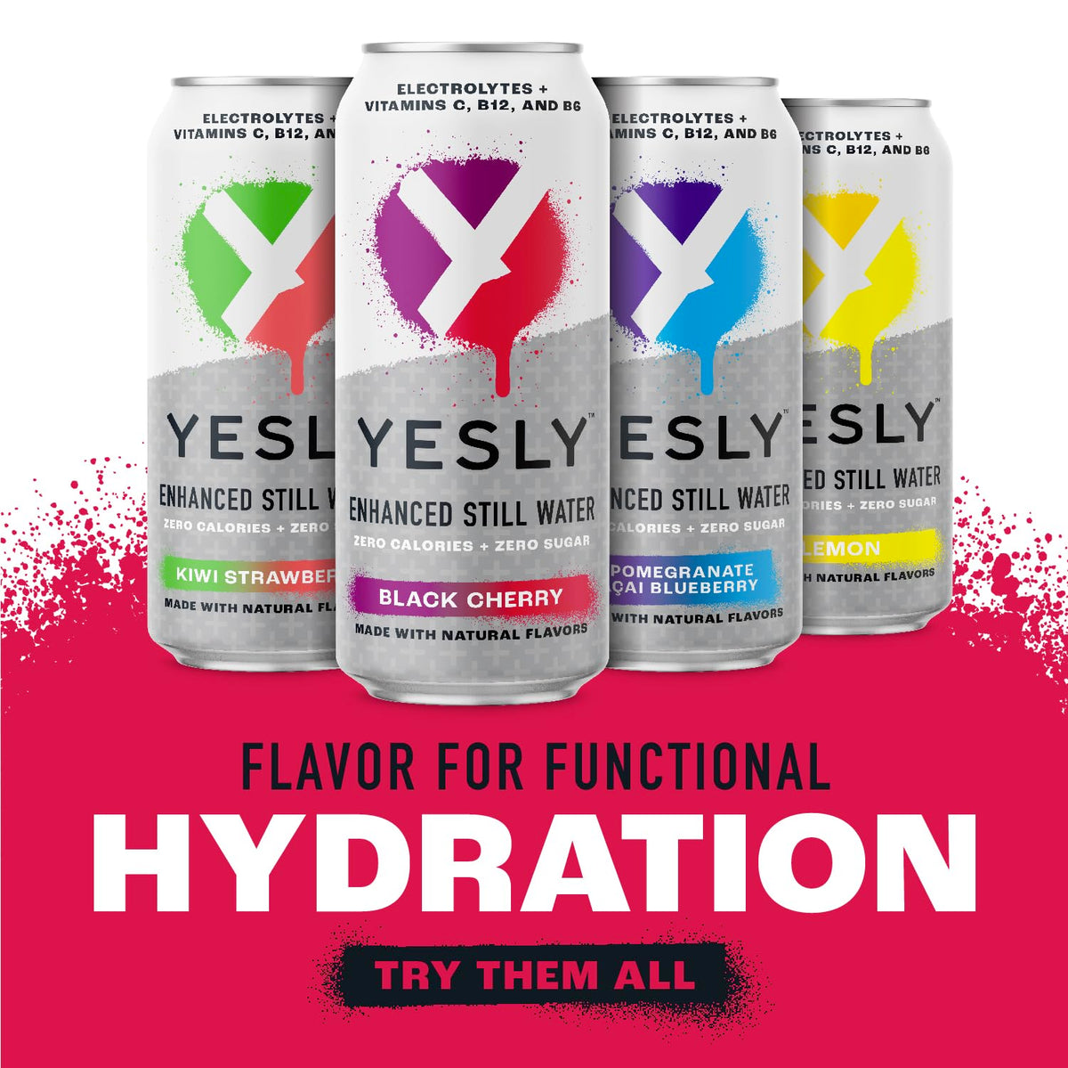 Yesly zero sugar label highlights a sugar-free hydration option.