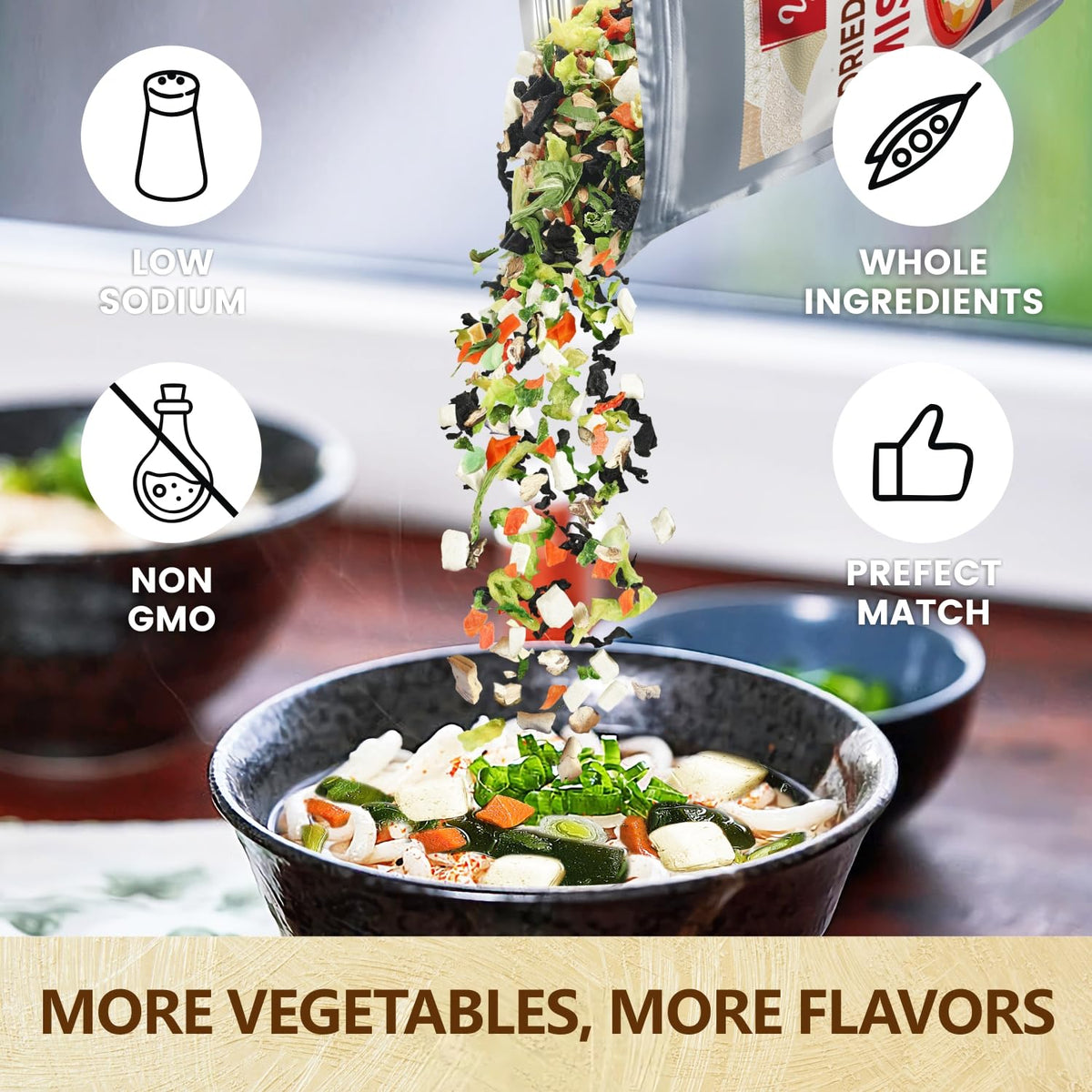 Yimi Miso Soup green onions and spinach enhance veggie flavor