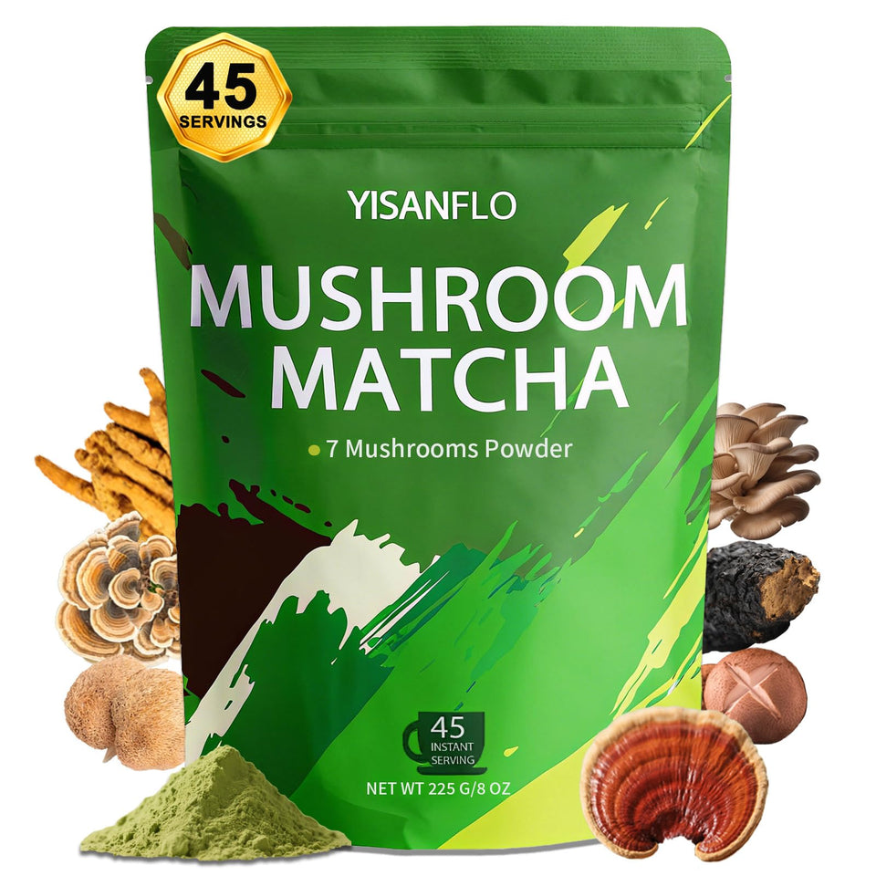 YISANFLO 7-in-1 mushroom matcha bundle showing energy and focus potential