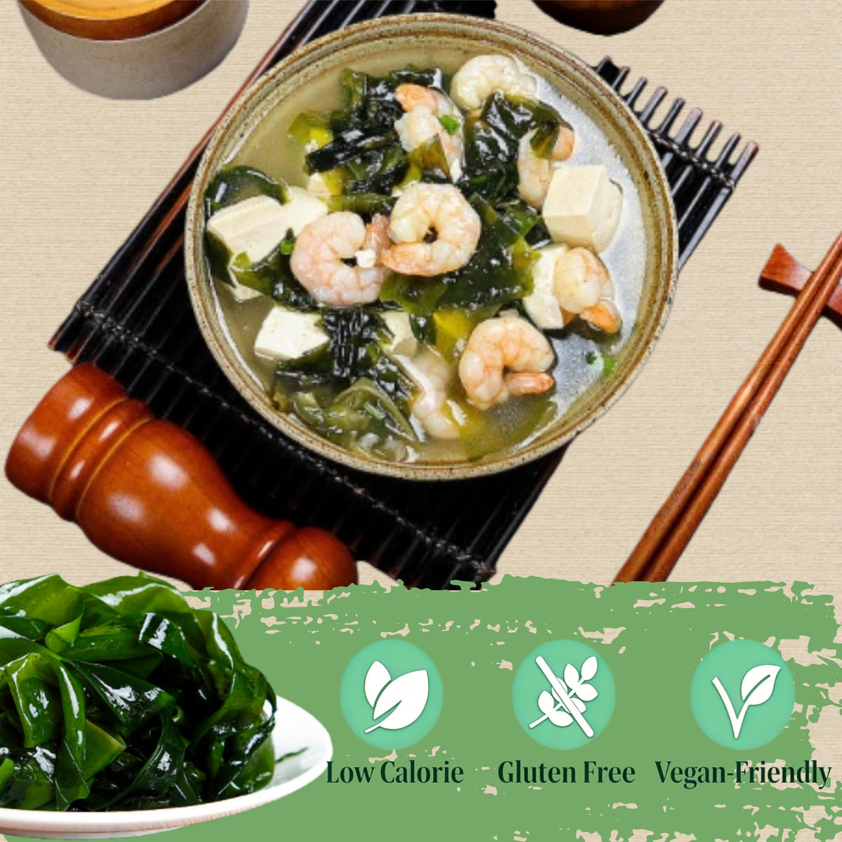 Gluten-free non-GMO wakame suitable for diverse diets.