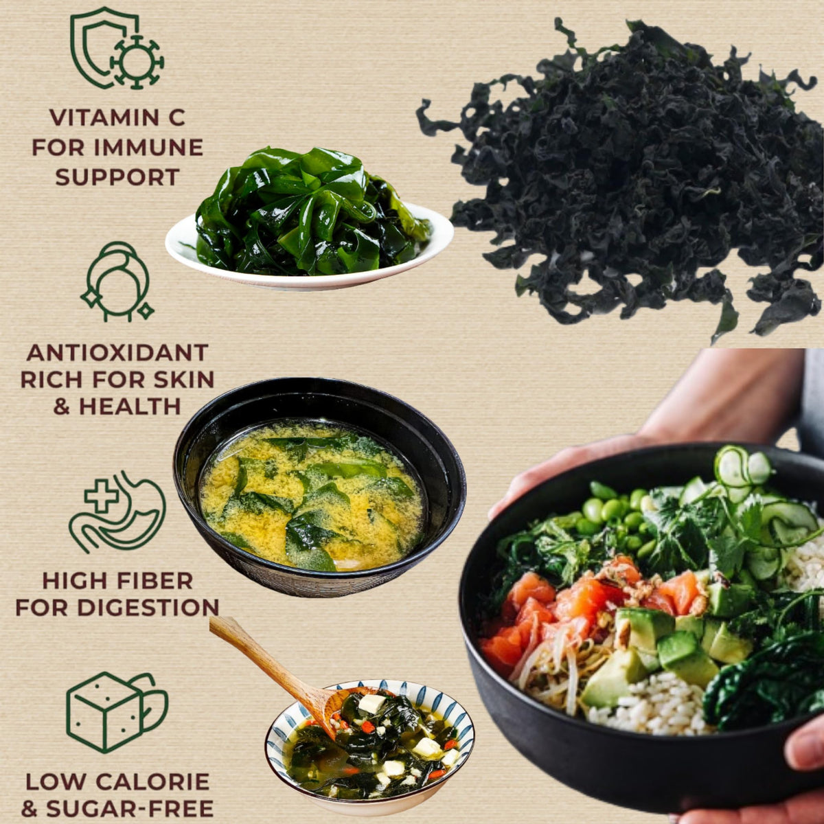 Wakame used as a soup base to enrich broths.