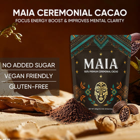 Close-up of Maia ceremonial cacao ingredients emphasizing magnesium blend