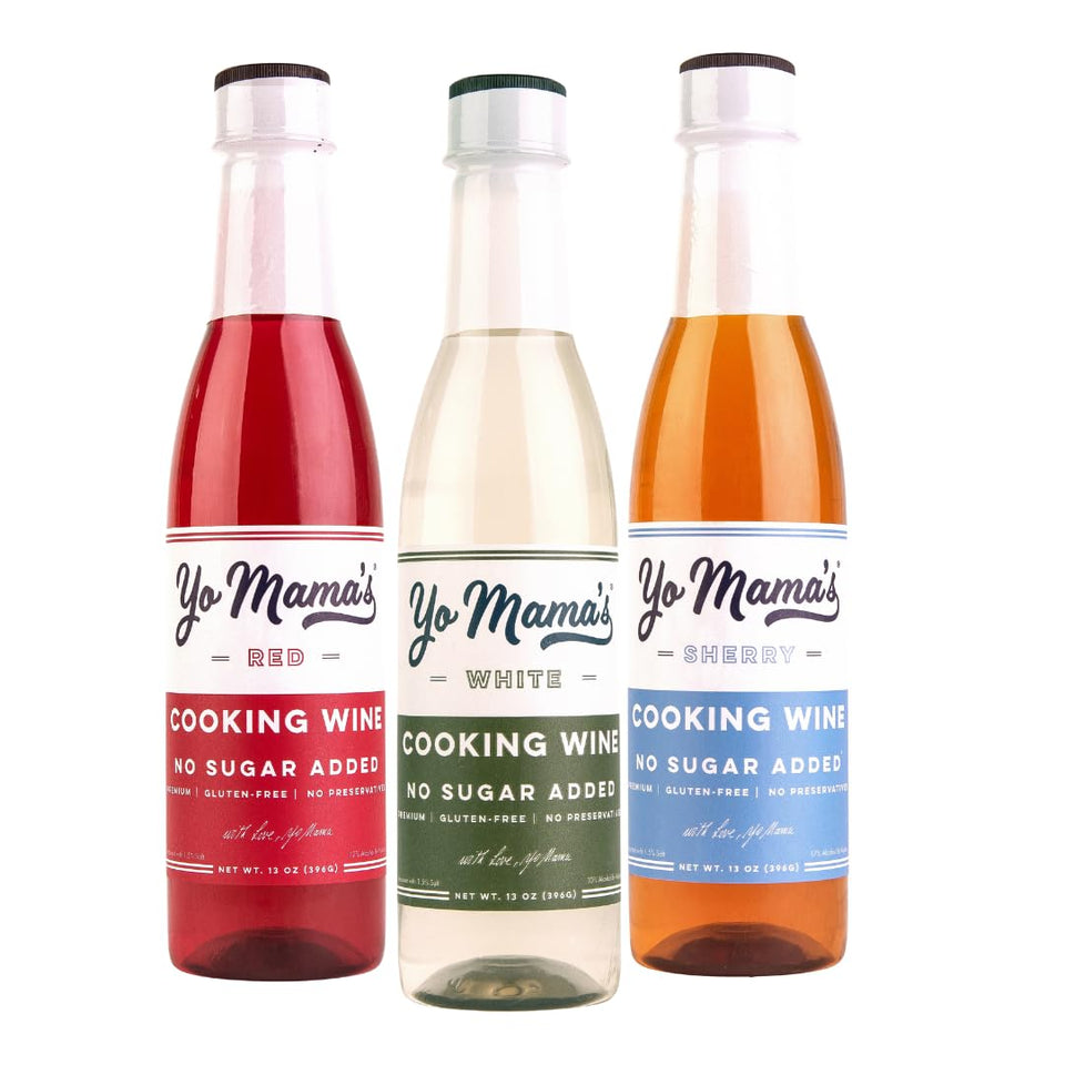 Yo Mama's Foods White Cooking Wine bottle ideal for deglazing and light sauces.