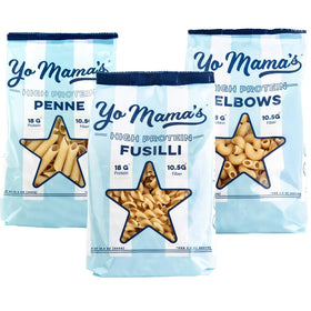 Yo Mama's Foods high-protein pasta fusilli pack closeup demonstrates texture and protein richness.