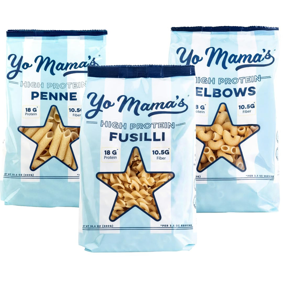 Yo Mama's Foods high-protein pasta fusilli pack closeup demonstrates texture and protein richness.