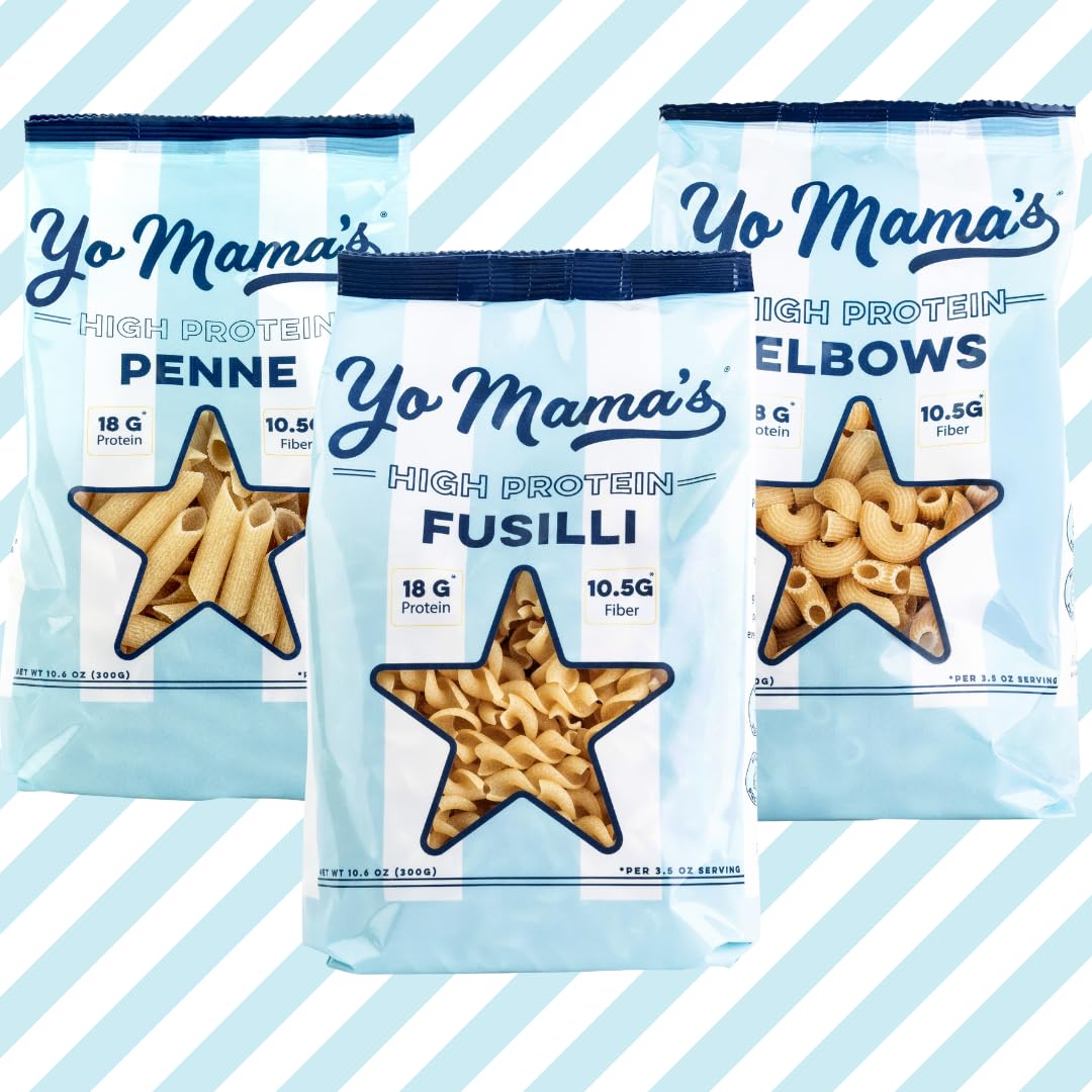 Yo Mama's Foods high-protein fiber pasta penne pack front highlighting variety.