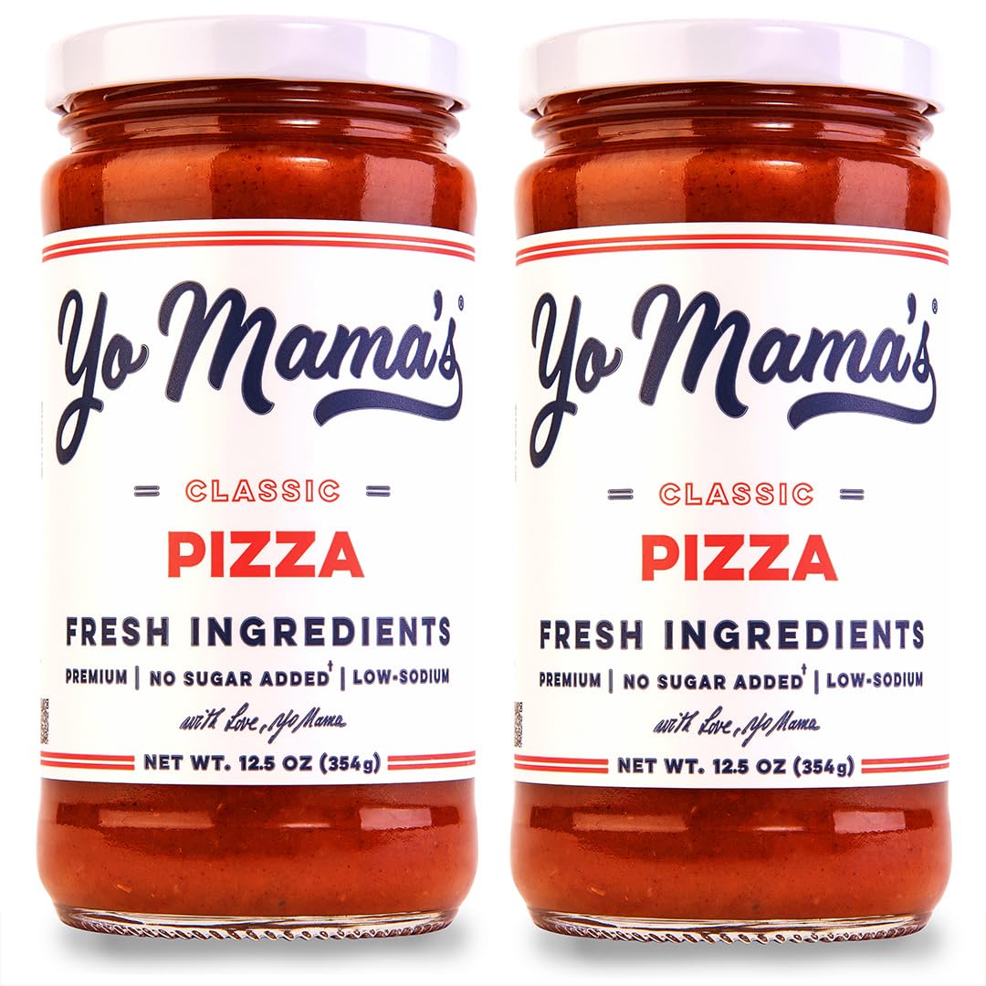Yo Mama's Foods Keto Classic Pizza Sauce front view, rich tomato flavor for keto pizzas.