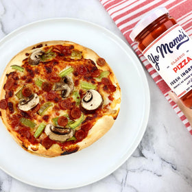Yo Mama's Foods Keto Classic Pizza Sauce kitchen-scene shot for quick family meals.