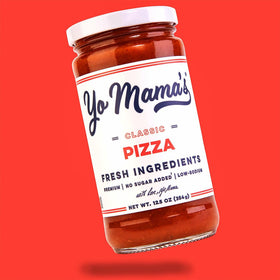 Yo Mama's Foods Keto Classic Pizza Sauce label highlighting paleo-friendly and gluten-free features.