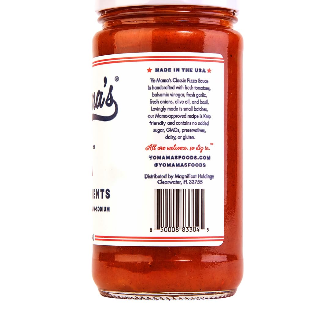 Yo Mama's Foods Keto Classic Pizza Sauce pouring onto a pizza crust, easy topping option.