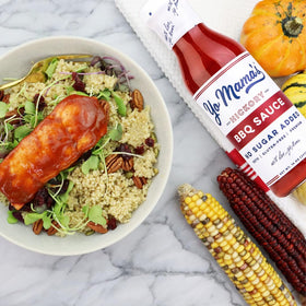 Closeup of ingredient list for Yo Mama's Foods Keto Hickory BBQ Sauce