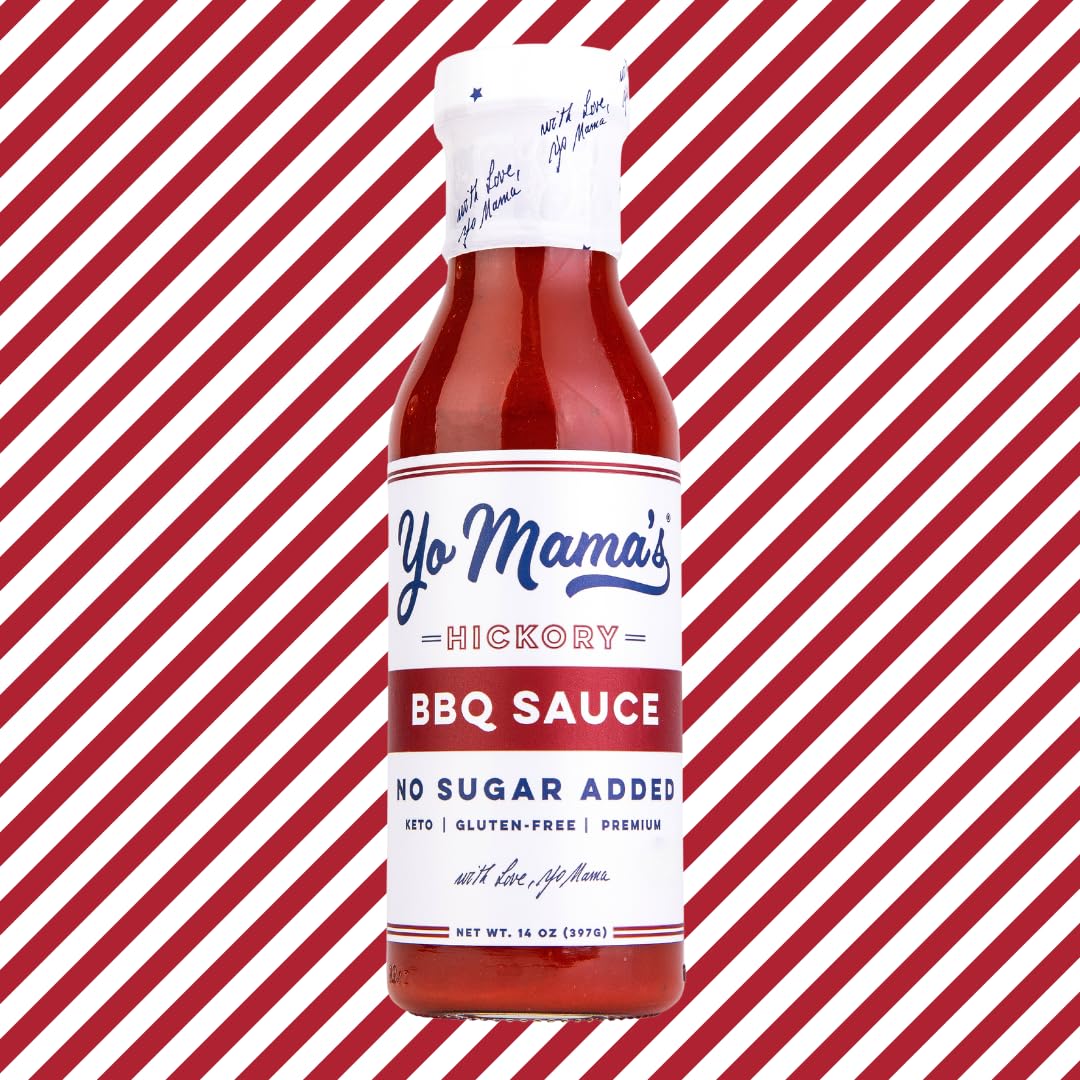 Yo Mama's Foods Keto Hickory BBQ Sauce label closeup highlights gluten-free and no added sugar