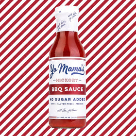 Yo Mama's Foods Keto Hickory BBQ Sauce label closeup highlights gluten-free and no added sugar