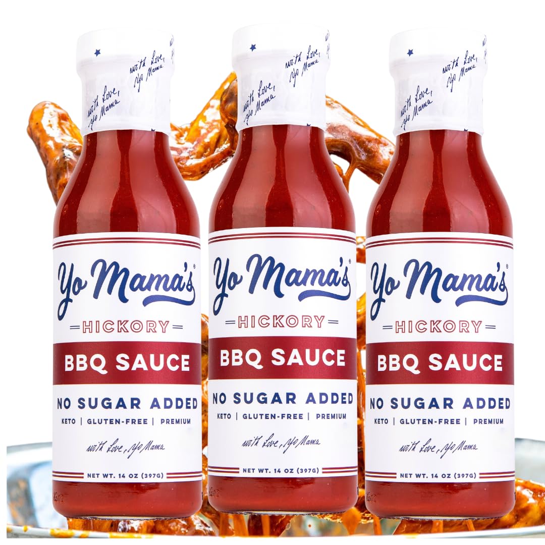 Yo Mama's Foods Keto Hickory BBQ Sauce bottle poured for keto meals