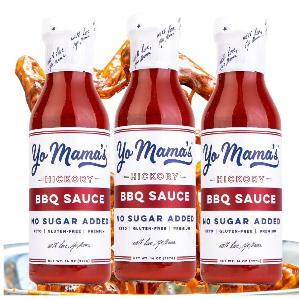 Yo Mama's Foods Keto Hickory BBQ Sauce bottle poured for keto meals