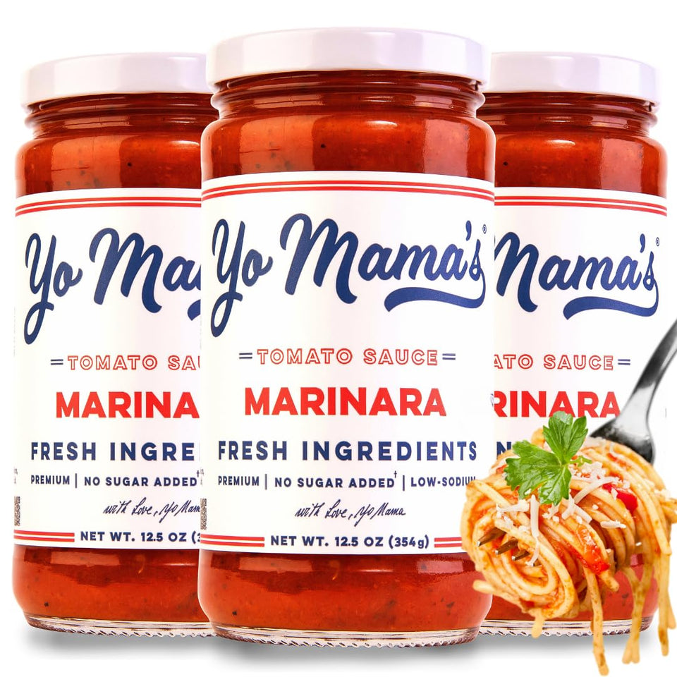 Yo Mama’s Foods Keto Marinara jar on counter, ready-to-use low-carb pasta sauce