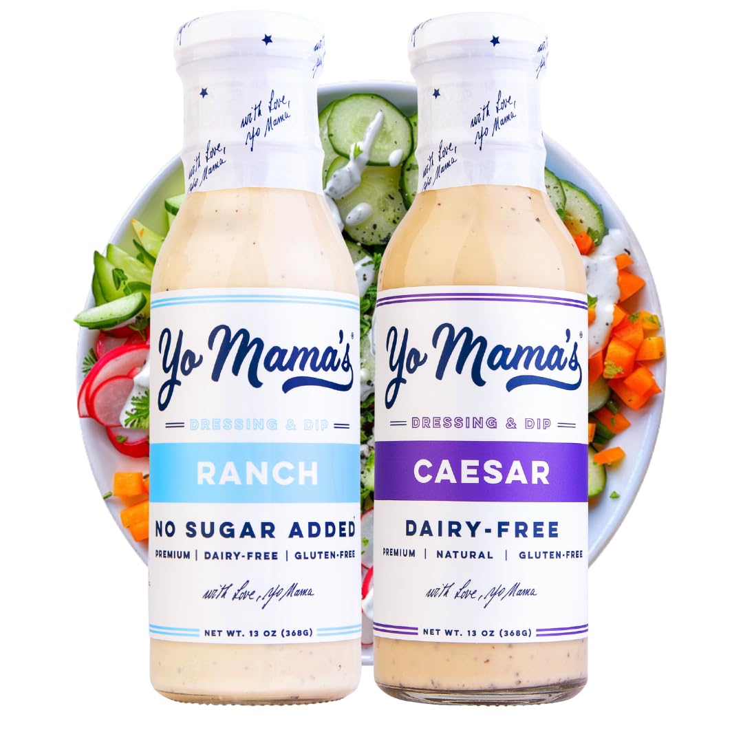 Yo Mama’s Foods Keto Ranch & Caesar bottle pour shows dairy-free, keto-friendly flavor for salads.
