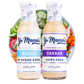 Yo Mama’s Foods Keto Ranch & Caesar bottle pour shows dairy-free, keto-friendly flavor for salads.