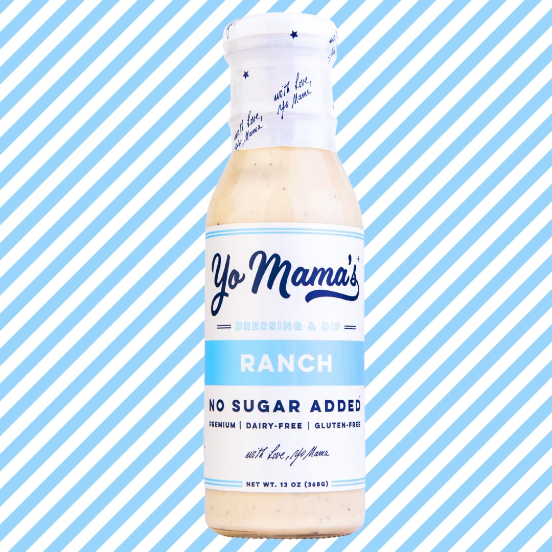 Yo Mama’s Foods Keto Ranch & Caesar jar closeup highlights all-natural ingredients for wholesome meals.