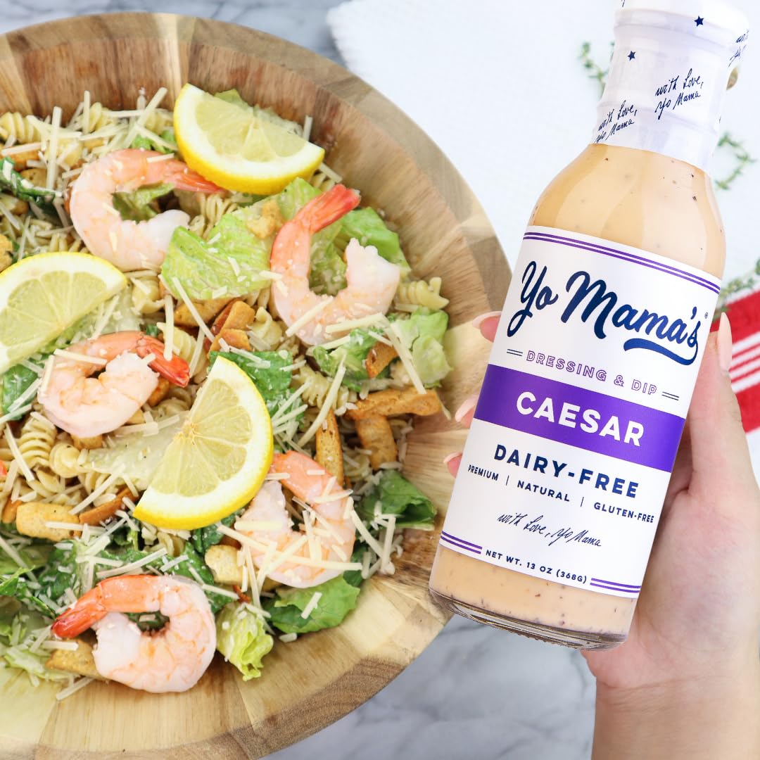 Yo Mama’s Foods Keto Ranch & Caesar glass-bottle closeup highlights tangy, dairy-free flavor.