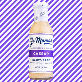 Yo Mama’s Foods Keto Ranch & Caesar label detail emphasizes small-batch craft quality.