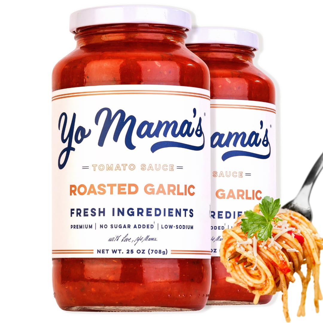 Yo Mama’s Foods keto roasted garlic pasta sauce bottle on counter for quick meals